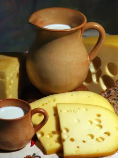 кувшин, ломти, аппетитно, кружка, молоко, хлеб, стол, еда