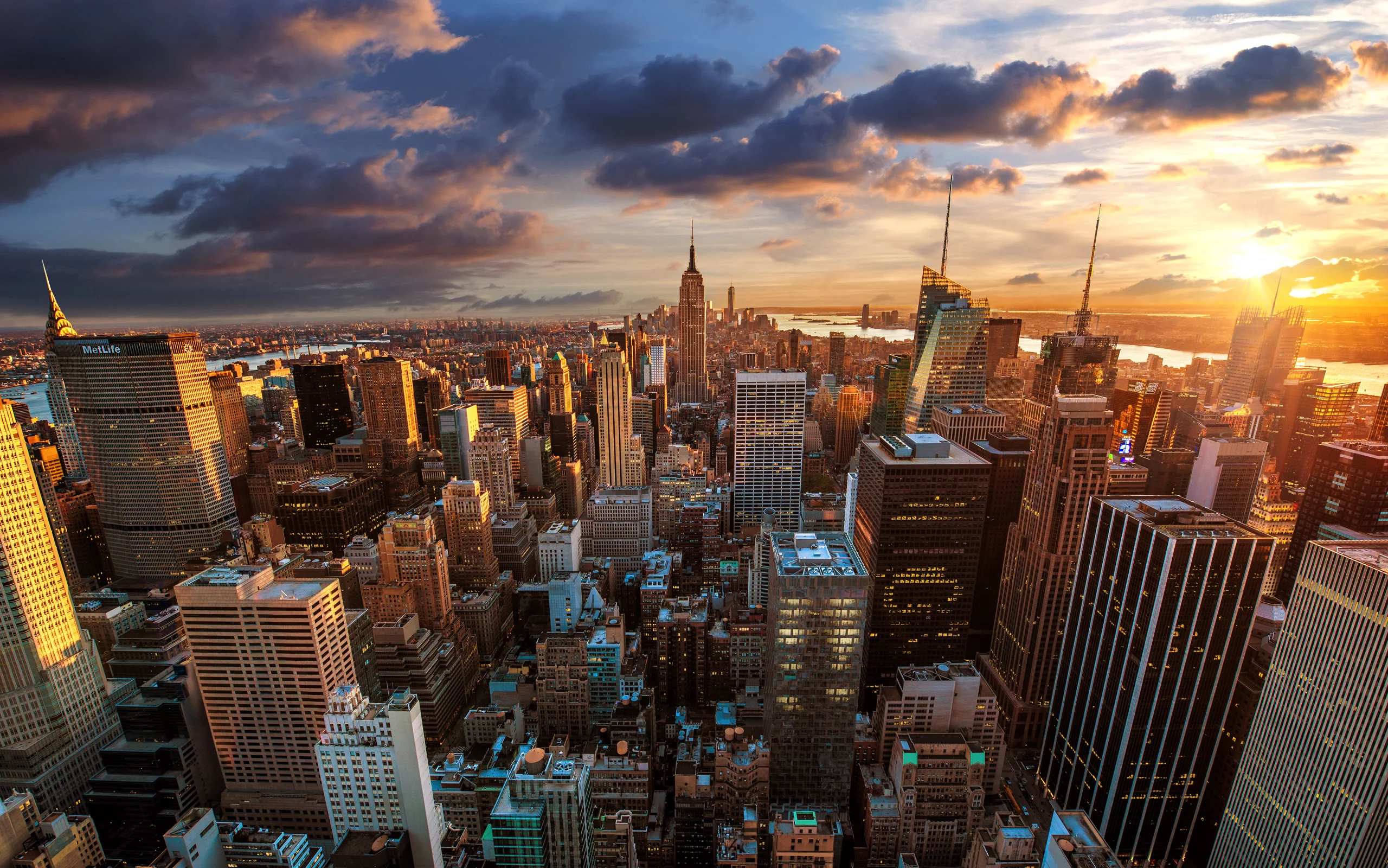 мегаполис, рассвет, город, небоскребы, rockefeller center