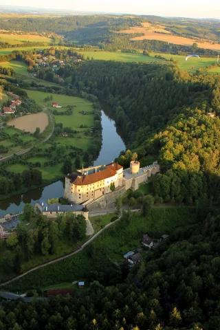 лес, republic, замок, горы, чехия, дома, природа, czech, река