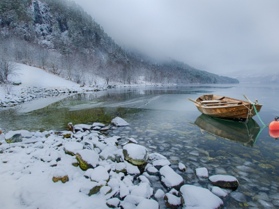 зима, горы, озеро, туман, лодка