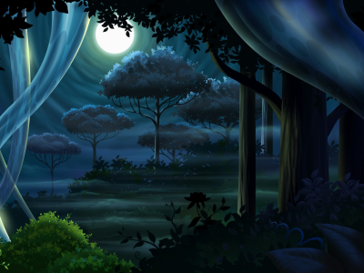 луна, полнолуние, ночь, лес, деревья, стволы, кусты, листья, трава, дымка, светлячки