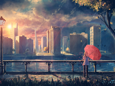 город, девушка, зонт, дождь, фонарь, дерево, листва, картина