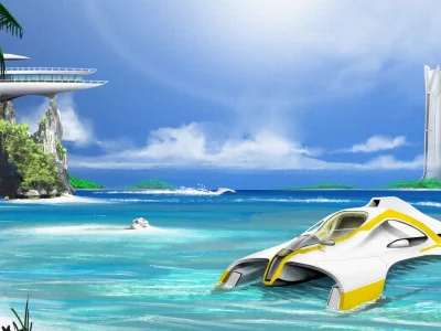 high, society, illoo, future, panorama, sunset, planet, aero, space, see, in, aeroship, sea, ship, star, sky, day, sun, summer, wide