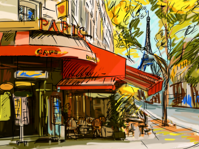 улочка, франция, париж, эйфелева башня, кафе, рисунок