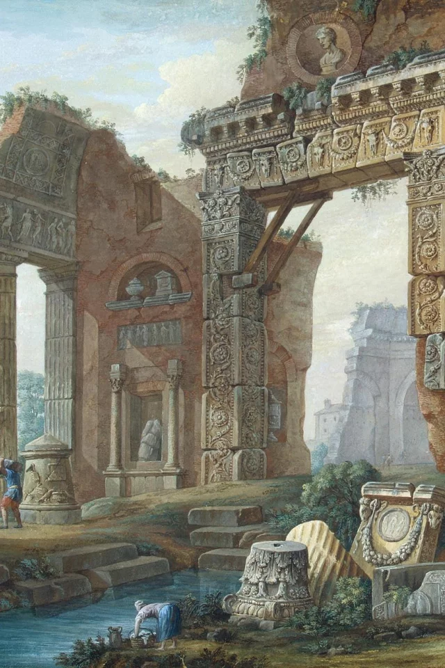 клериссо, шарль луи, рхиатектурная фантазия, картина, эрмитаж, архитектура, колонны, статуи, ворота, люди