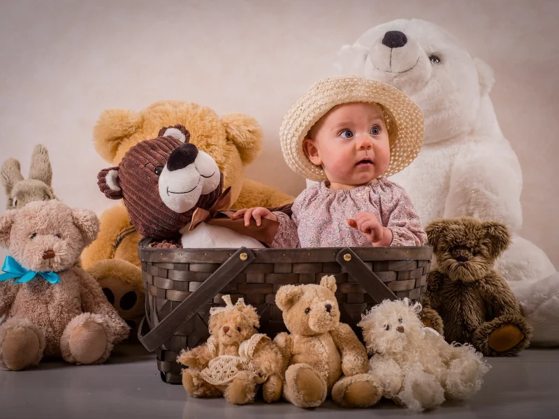 девочка, игрушки, плюшевые мишки, мишки, корзинка, шляпка