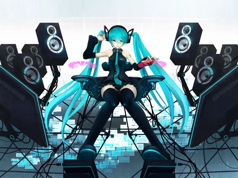 vocaloid, мониторы, hatsune miku, колонки, девушка, вокалоид