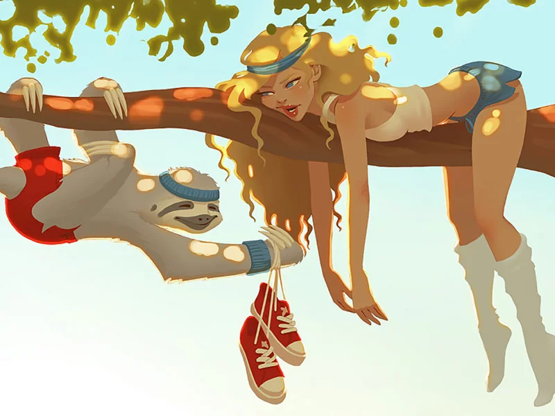 girl, smile, sloth, forest, sun, summer