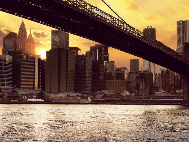 нью-йорк, солнце, здания, new york, бруклинский мост, закат
