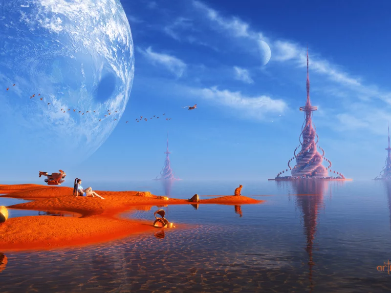planet, alien, red, shores, second, girl, aluren, sea, nice, sun, sky, arthurblue