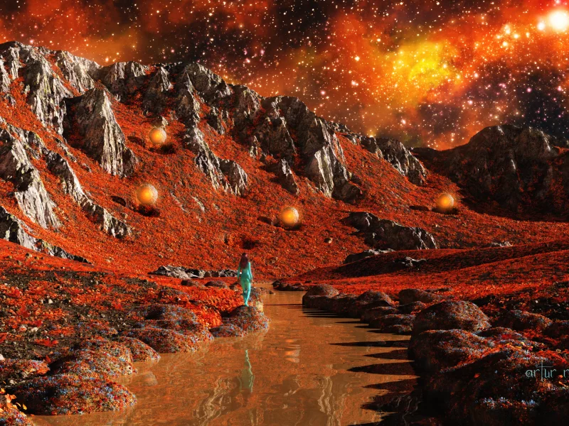 planet, alien, nest, girl, aluren, sea, nice, sun, stars, dark, red, sky, arthurblue