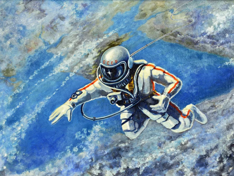 алексей леонов, 18 марта 1965 года, космонавт, человек, космос, планета, земля, ссср, скафандр, фотоаппарат, картина, 1973