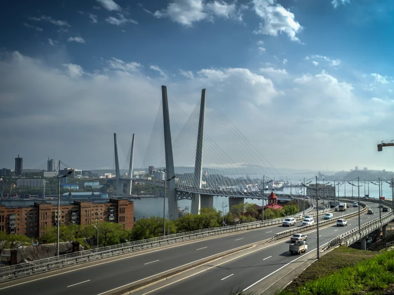 владивосток, россия, мост, дорога, город, машины, небо, облака