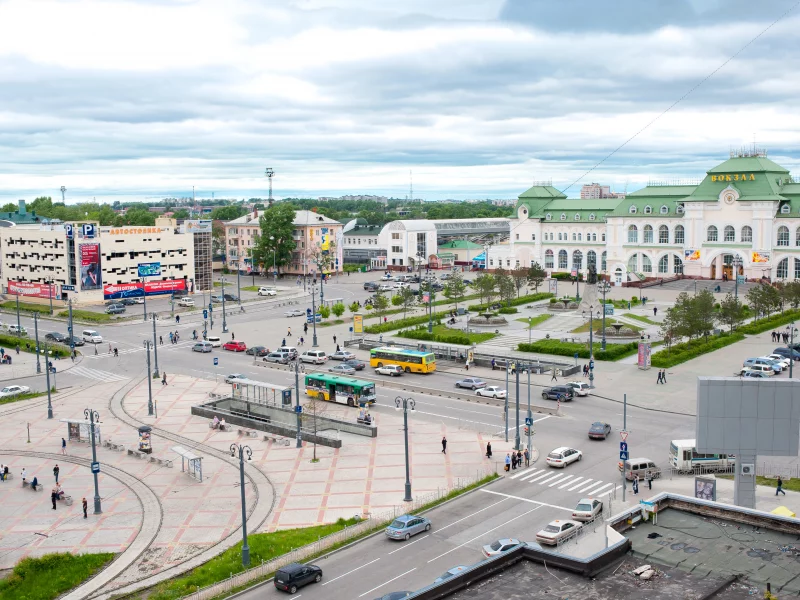 россия, хабаровск, вокзал, город, площадь, улица, фонари