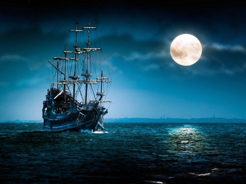 море, ночь, луна, полнолуние, облака, корабль, парусник, плавание