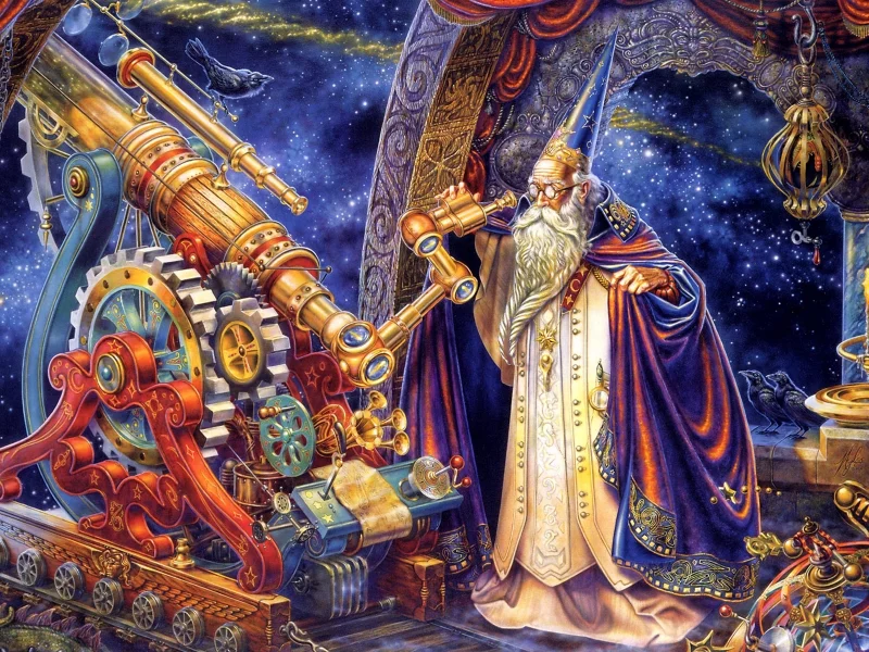 обсерватория, волшебник, телескоп, механизмы, мантия, звезды