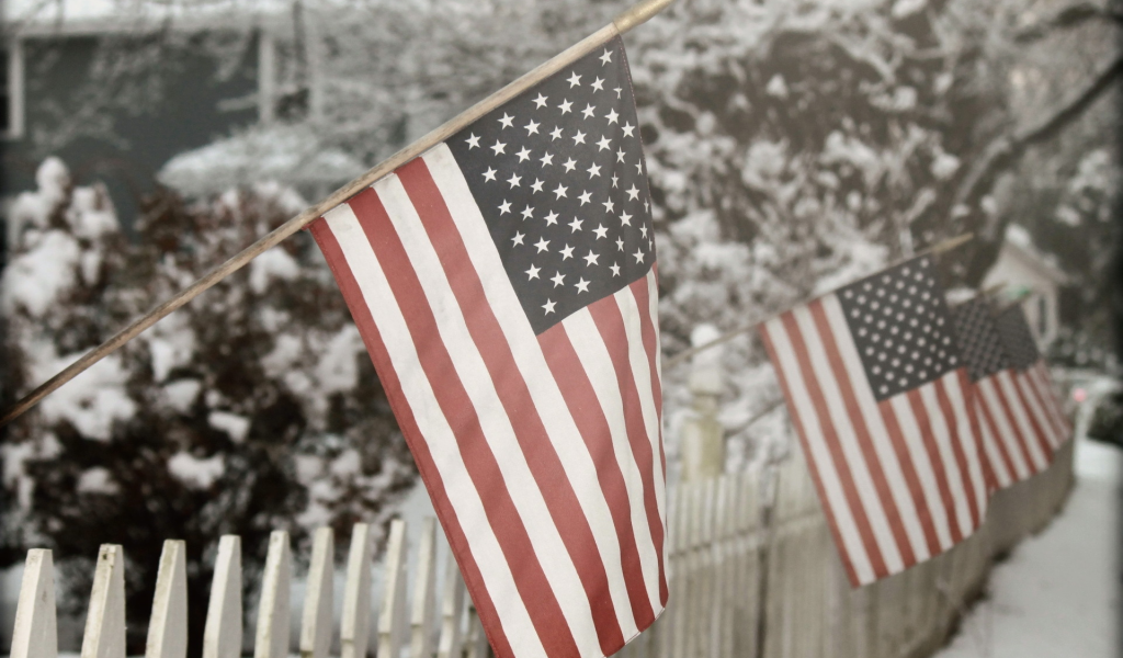 snow, winter fence, american flag