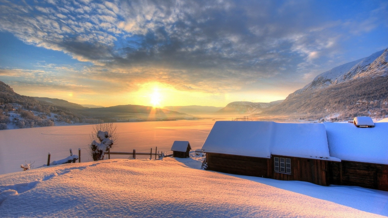 небо, природа, горы, солнце, зима, домик, снег, день, дом