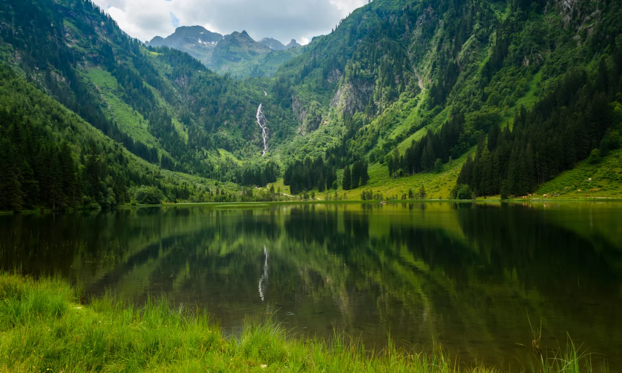 mount, landscape, with, waterfall, clouds, fire, jcean, beautiful, nature, lake, day, up, sky, wallpaper, sun, summer, wide