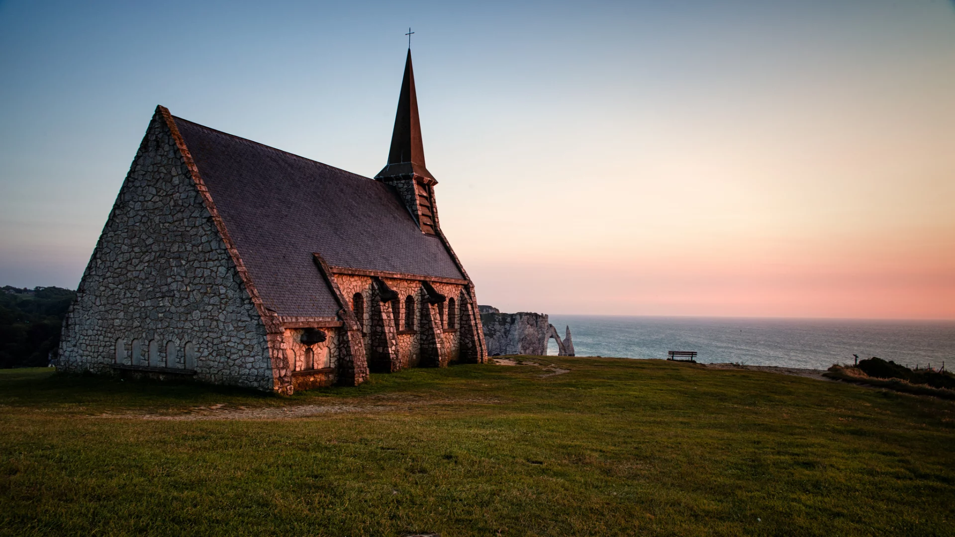 chapelle notre-dame de la garde , франция, вечер, море, нормандия