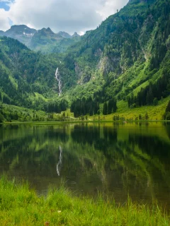 mount, landscape, with, waterfall, clouds, fire, jcean, beautiful, nature, lake, day, up, sky, wallpaper, sun, summer, wide