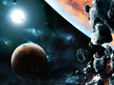 sci fi, galaxies, lights, asteroids, stones, rocks, planets
