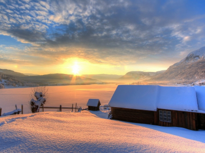 небо, природа, горы, солнце, зима, домик, снег, день, дом