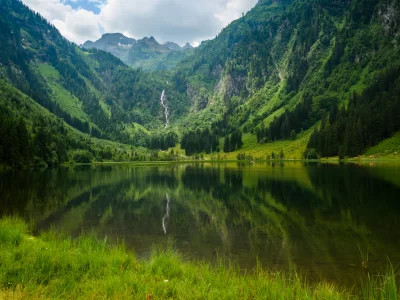 mount, landscape, with, waterfall, clouds, fire, jcean, beautiful, nature, lake, day, up, sky, wallpaper, sun, summer, wide