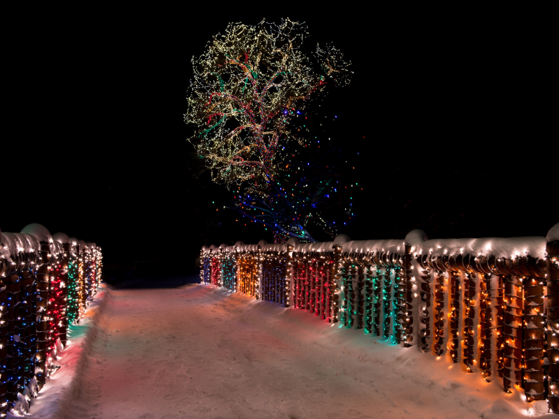 зима, мост, lights, night, ночь, snow, дерево, снег, bridge, wood