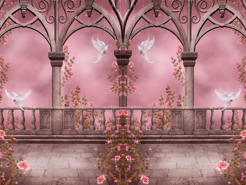 pigeons, rose garden, flowers, розовый сад, arches, garlands, columns, roses, doves