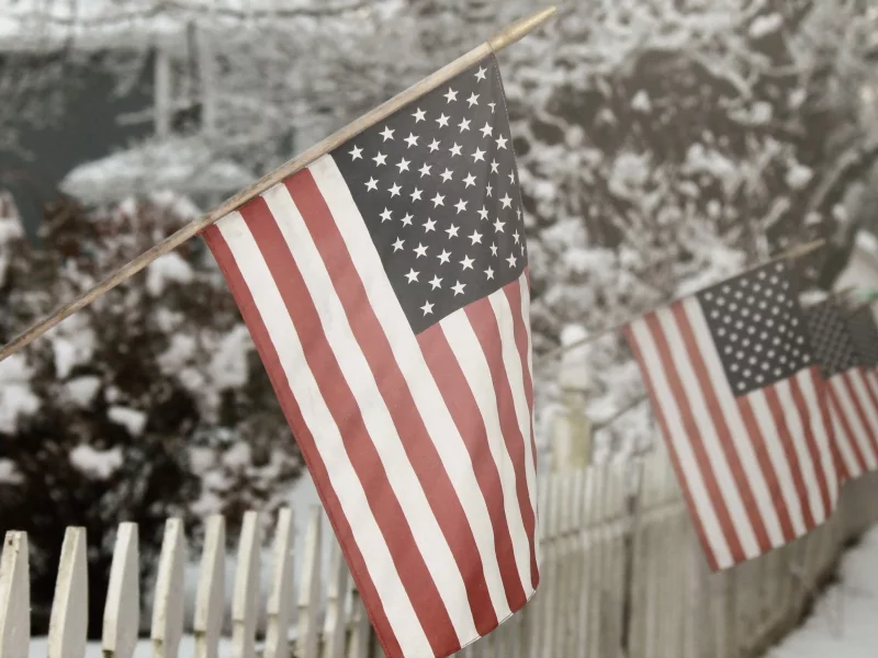 snow, winter fence, american flag