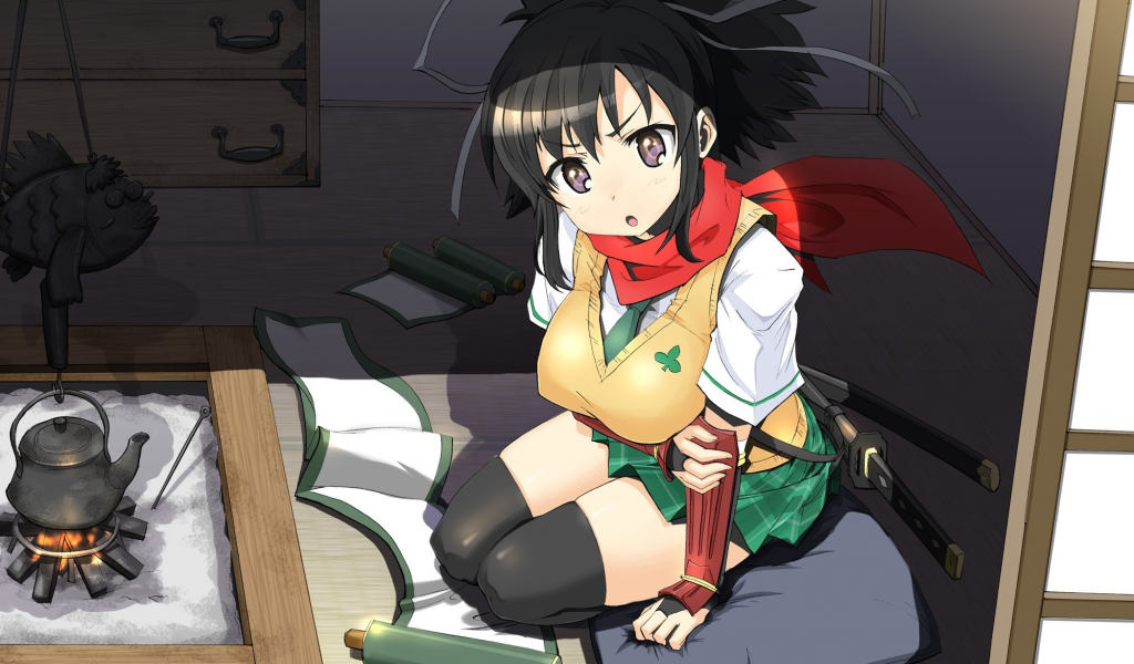 asuka, дом, kimura tatsuki , свиток, арт, senran kagura, меч, девушка