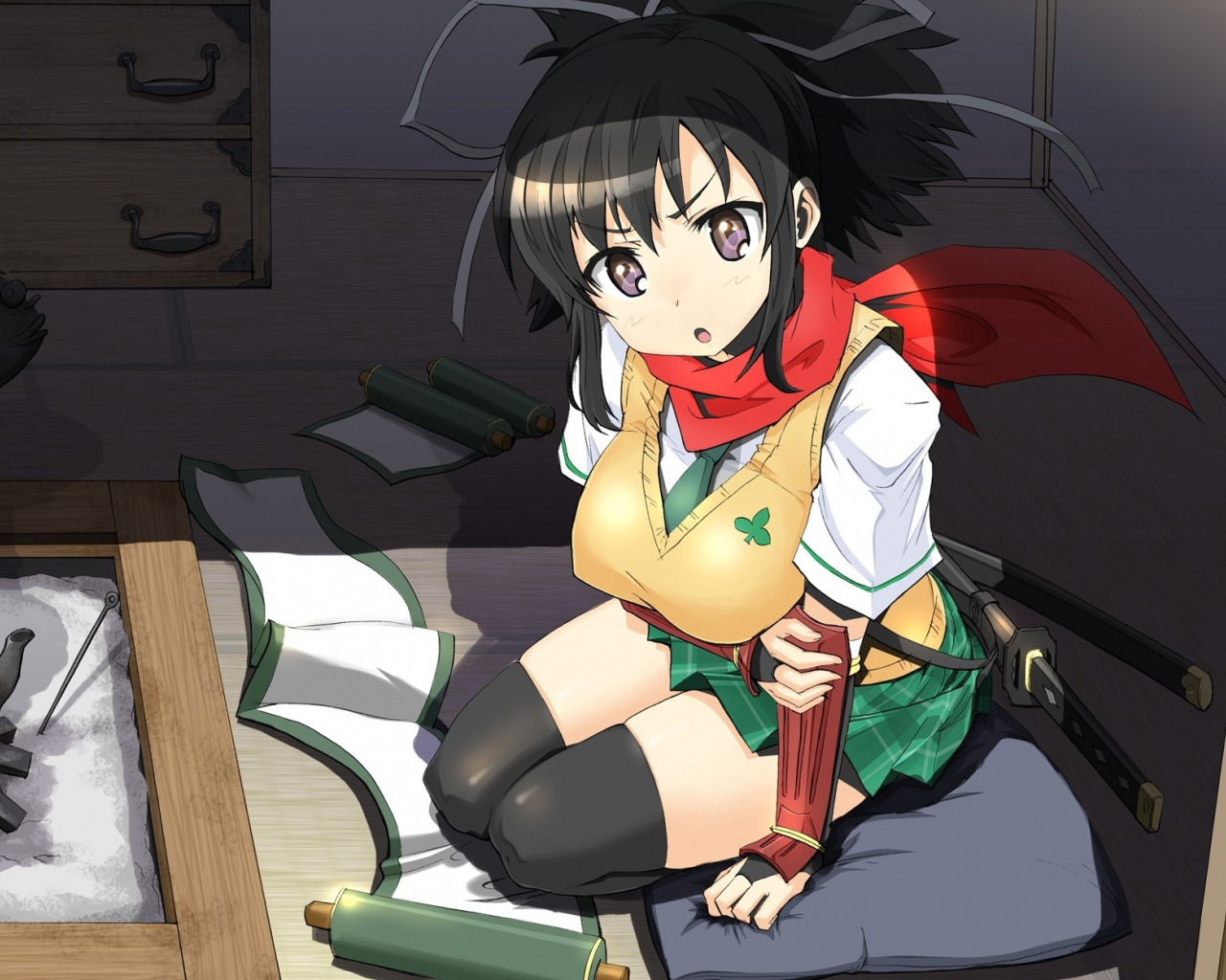 asuka, дом, kimura tatsuki , свиток, арт, senran kagura, меч, девушка