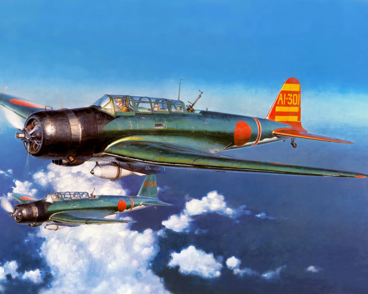 nakajima b5n, самолёты, облака, тип 97, арт, небо, накадзима b5n