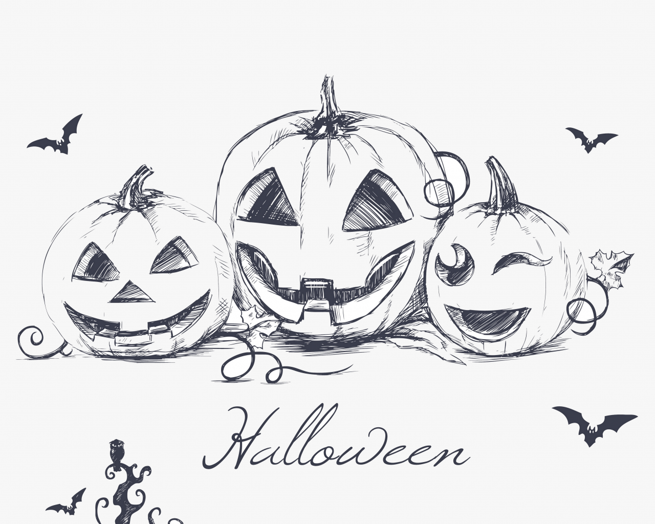 bats, halloween , хэллоуин, minimalism, hand drawing, evil pumpkins, creepy owl