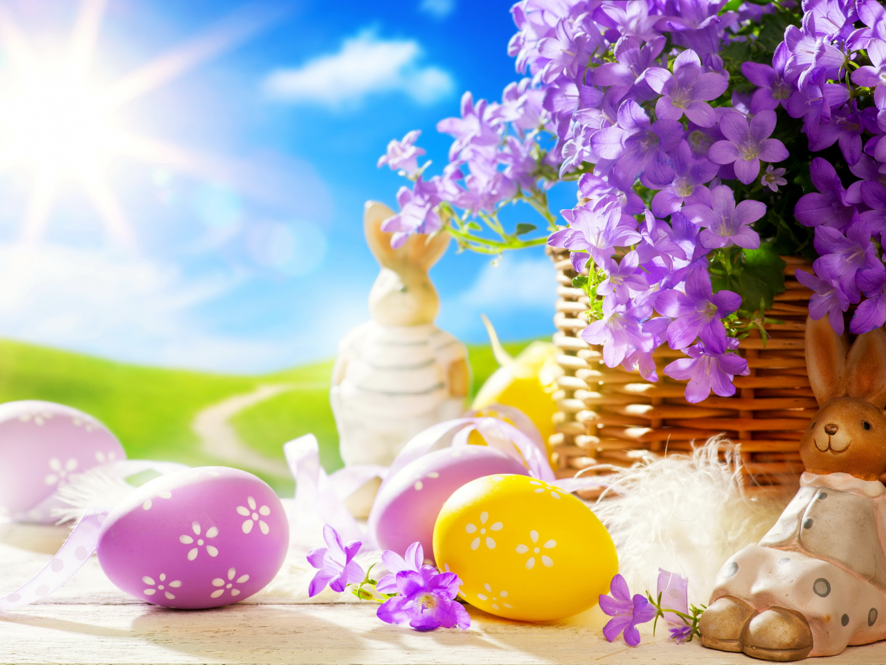 кролик, яйца, easter, весна, солнце, цветы, статуэтка, пасха