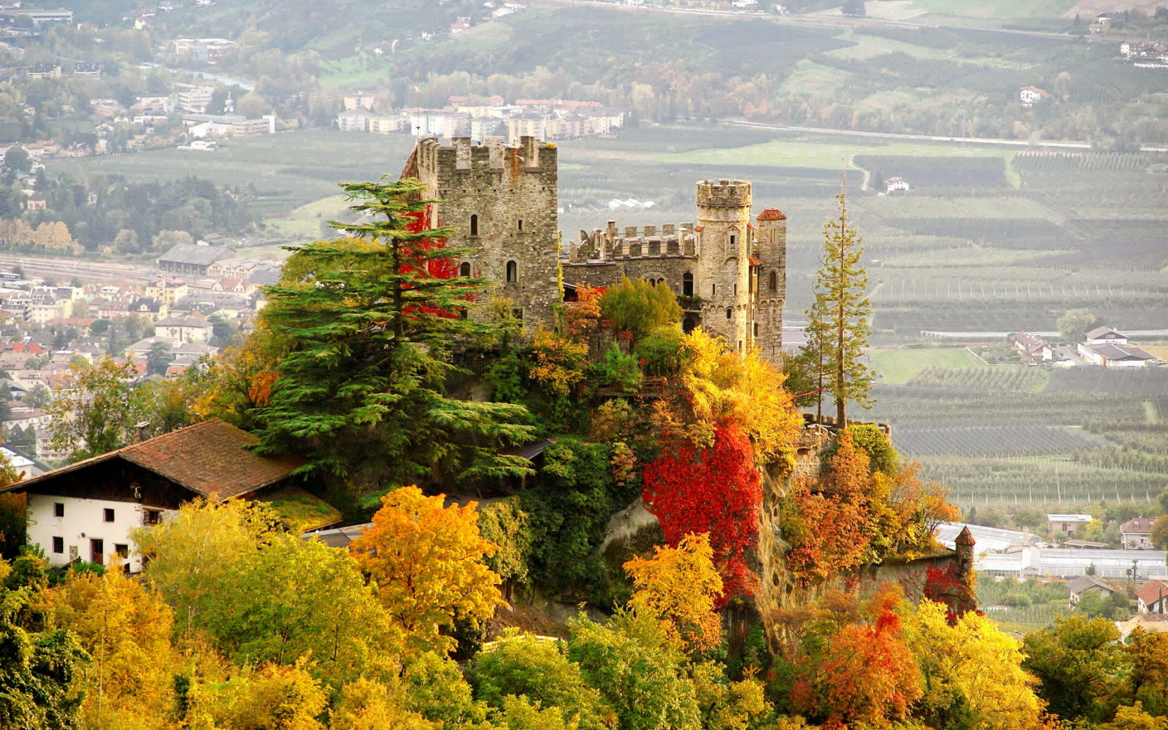 город, деревья, италия, castle, brunnenburg, фото, замок, осень