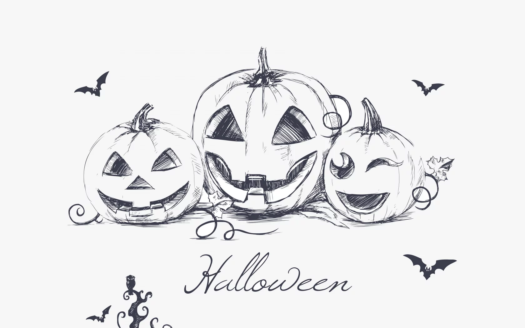 bats, halloween , хэллоуин, minimalism, hand drawing, evil pumpkins, creepy owl