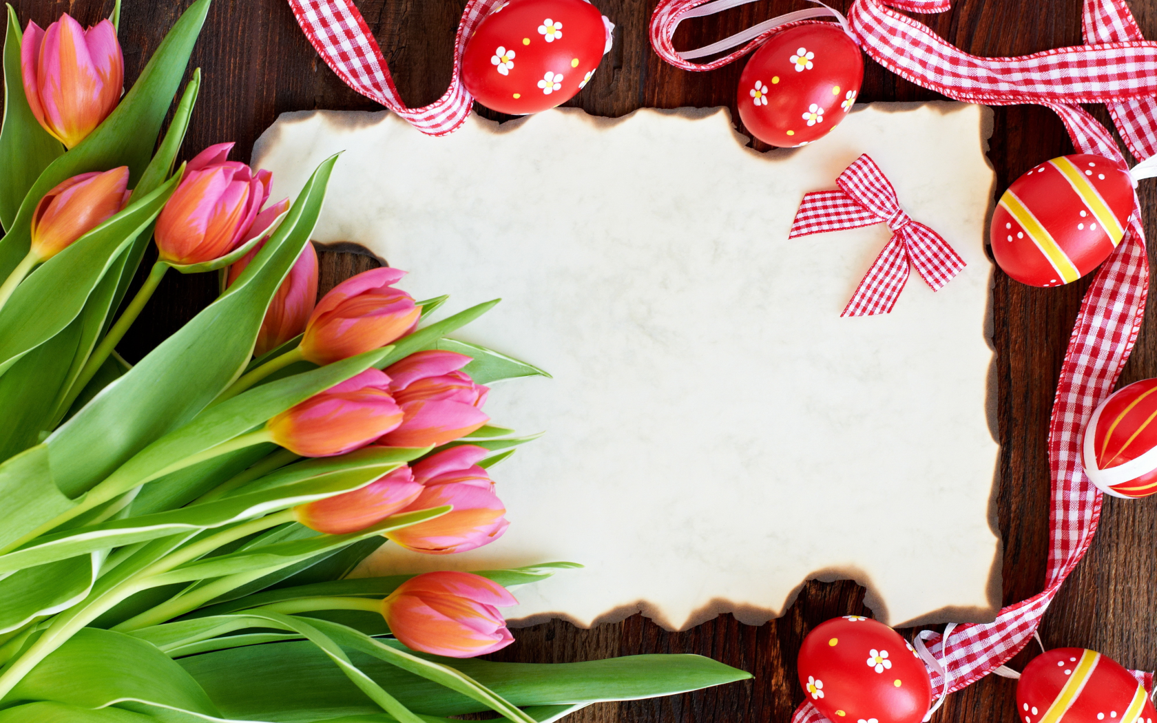 eggs, flowers, red, card, tulips, пасха, easter, тюльпаны