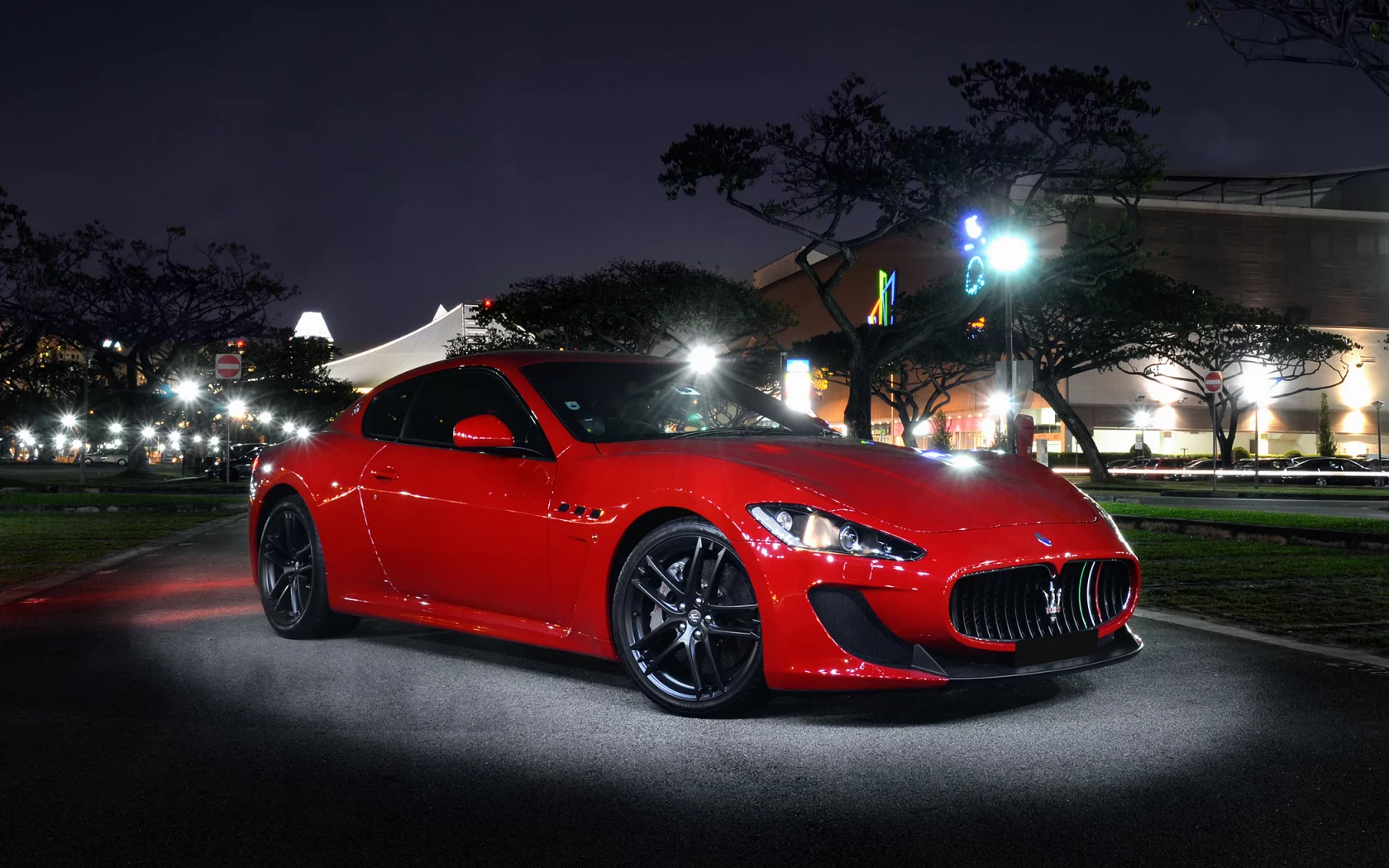 light, granturismo, red, mc stradale, street, maserati, night, front