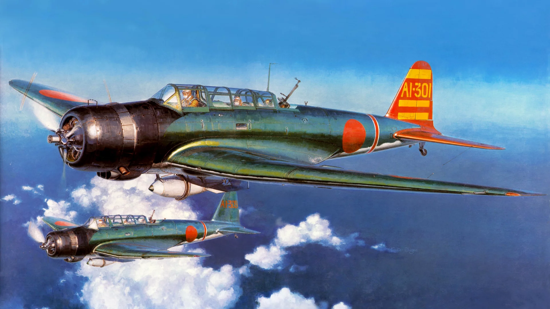 nakajima b5n, самолёты, облака, тип 97, арт, небо, накадзима b5n