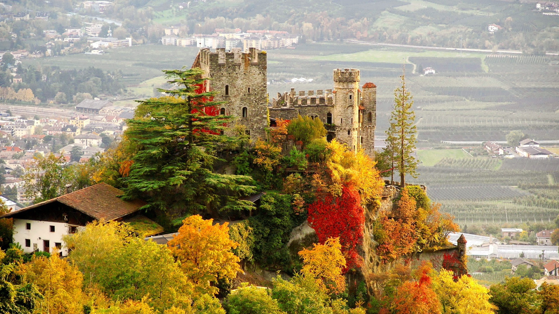 город, деревья, италия, castle, brunnenburg, фото, замок, осень