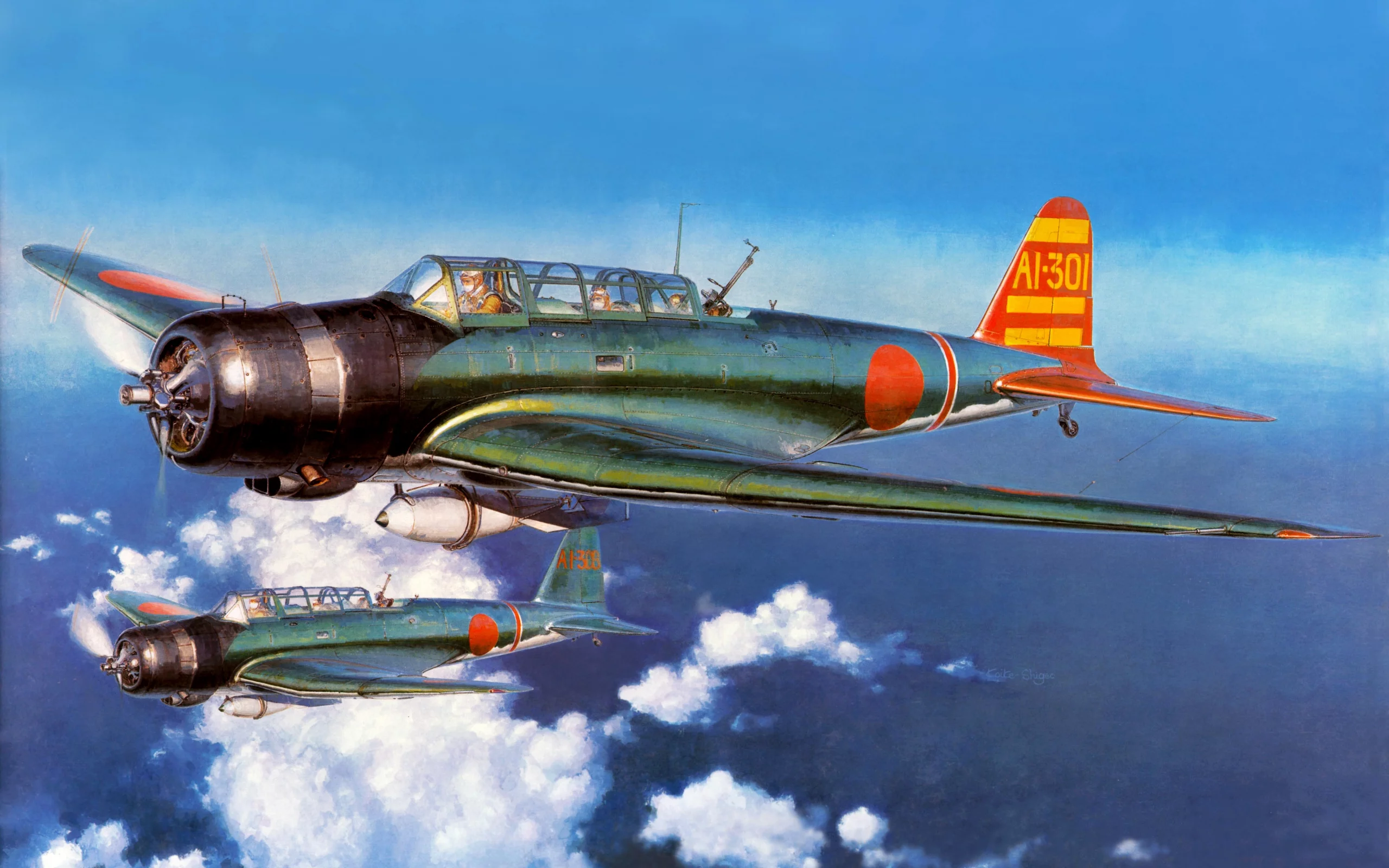 nakajima b5n, самолёты, облака, тип 97, арт, небо, накадзима b5n
