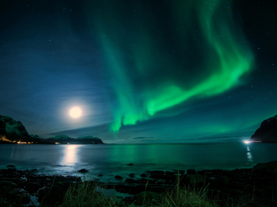 исландия, луна, залив, ночь, северное сияние