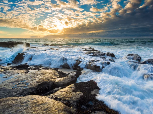 boat, sea, clouds, wave, sunset, rock