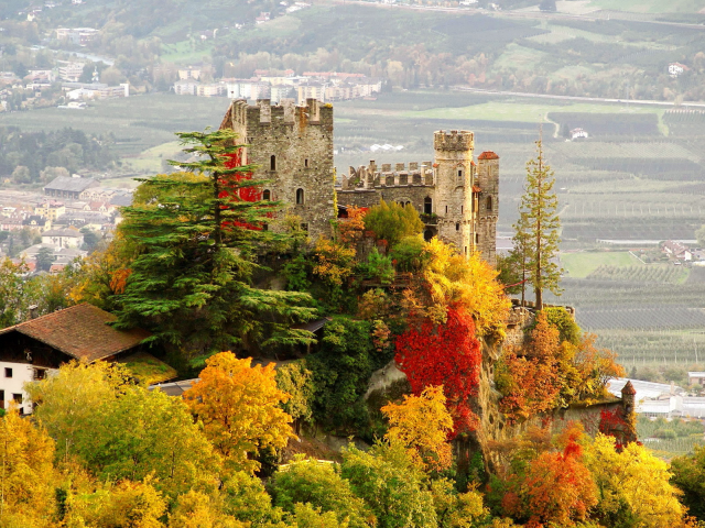 город, деревья, италия, castle, brunnenburg, фото, замок, осень