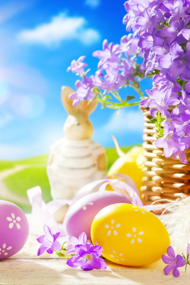 кролик, яйца, easter, весна, солнце, цветы, статуэтка, пасха