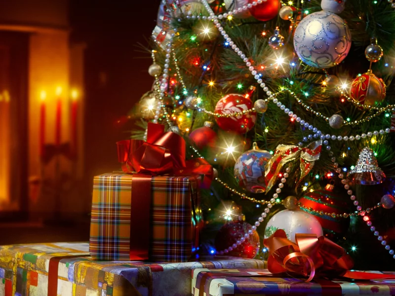 light balls, merry christmas, gifts, christmas tree, decorations, lights, new year, candles