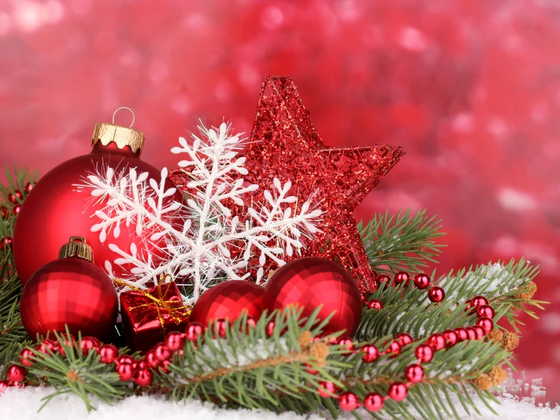 bokeh, red balls, decoration, gift, necklace, snowflake, merry christmas, stars, lights, new year 