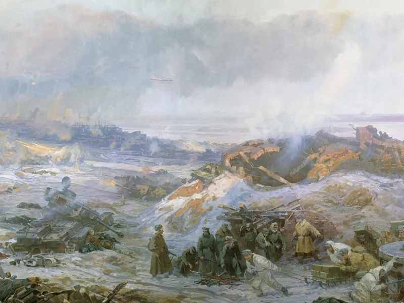 живопись, сталинград, картина, зима, руины, дым